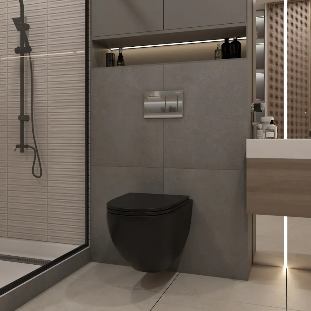 Фото 4 Комплект Teymi F13888 5 в 1 инсталляция с унитазом унитаз подвесной безободковый черный Lina S Black кнопка хром Фото 4 Комплект Teymi F13888 5 в 1 инсталляция с унитазом унитаз подвесной безободковый черный Lina S Black кнопка хром