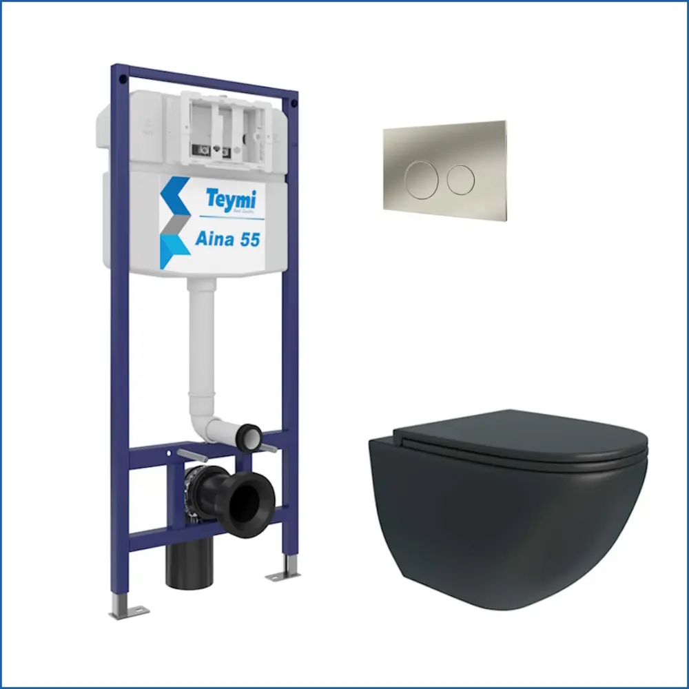 Фото 2 Комплект Teymi F13902 5 в 1 инсталляция с унитазом унитаз подвесной безободковый черный Lina S Black кнопка нержавеющая сталь Фото 2 Комплект Teymi F13902 5 в 1 инсталляция с унитазом унитаз подвесной безободковый черный Lina S Black кнопка нержавеющая сталь