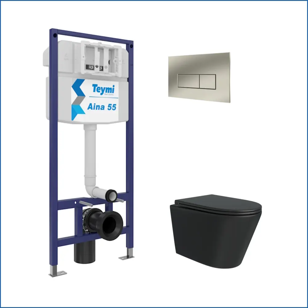 Фото 2 Комплект Teymi F13921 5 в 1 инсталляция с унитазом унитаз подвесной безободковый черный Solli Black кнопка нержавеющая сталь Фото 2 Комплект Teymi F13921 5 в 1 инсталляция с унитазом унитаз подвесной безободковый черный Solli Black кнопка нержавеющая сталь