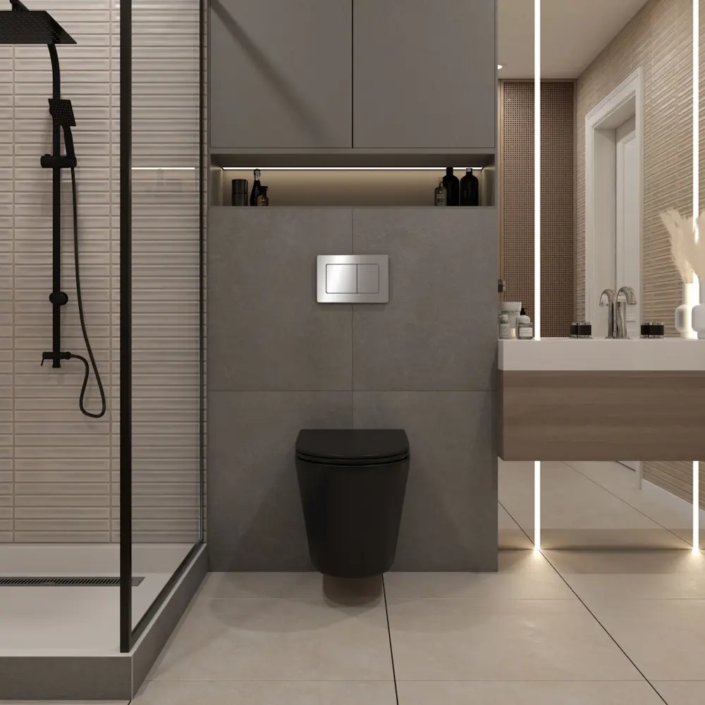 Фото 3 Комплект Teymi F13927 5 в 1 инсталляция с унитазом унитаз подвесной безободковый черный Solli Black кнопка нержавеющая сталь Фото 3 Комплект Teymi F13927 5 в 1 инсталляция с унитазом унитаз подвесной безободковый черный Solli Black кнопка нержавеющая сталь