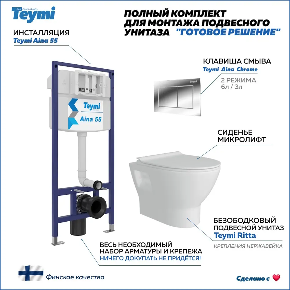 Фото Комплект Teymi F13844 5 в 1 инсталляция с унитазом унитаз подвесной безободковый Ritta кнопка хром Фото Комплект Teymi F13844 5 в 1 инсталляция с унитазом унитаз подвесной безободковый Ritta кнопка хром