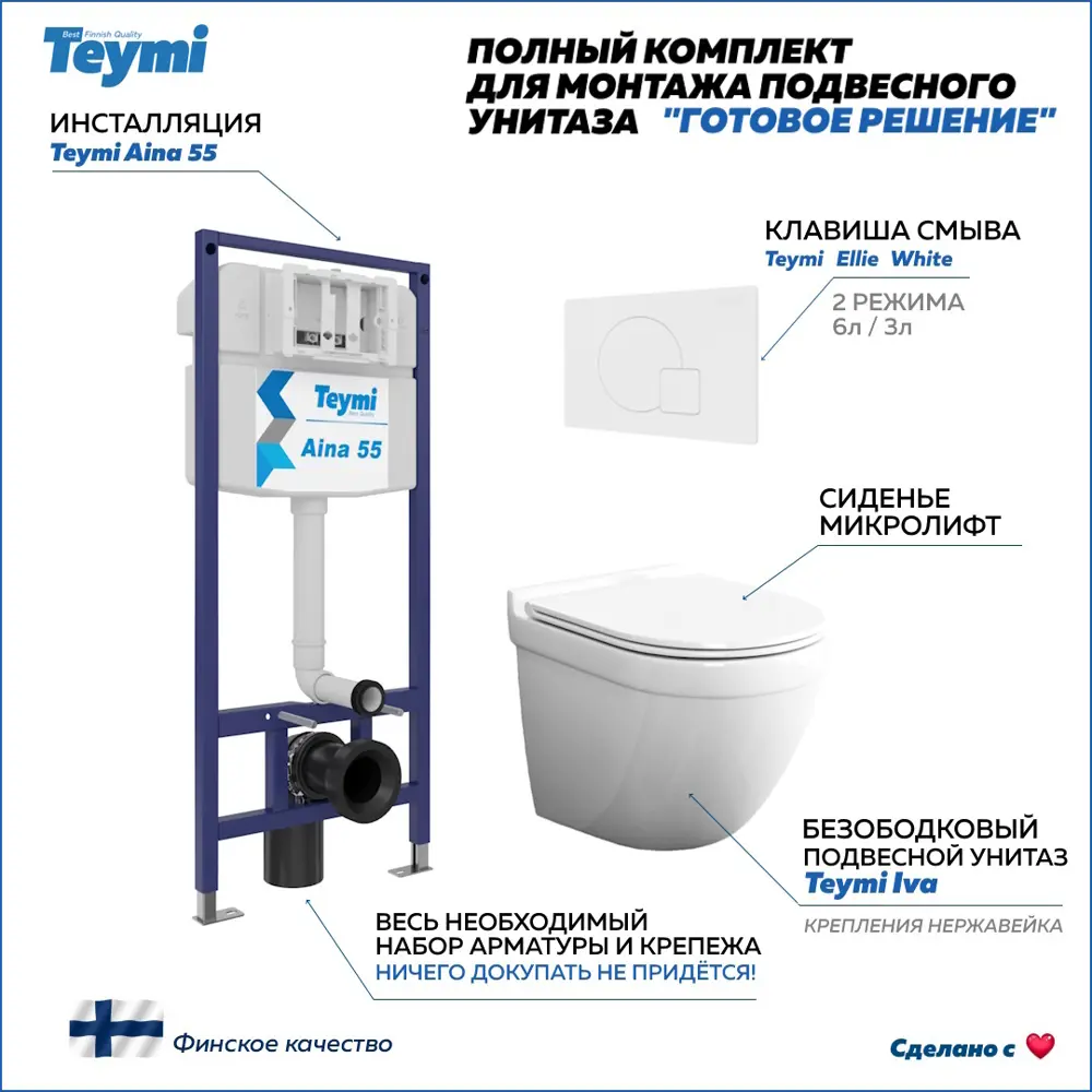 Фото Комплект Teymi F13634 5 в 1 инсталляция с унитазом унитаз подвесной безободковый Iva кнопка белая Фото Комплект Teymi F13634 5 в 1 инсталляция с унитазом унитаз подвесной безободковый Iva кнопка белая