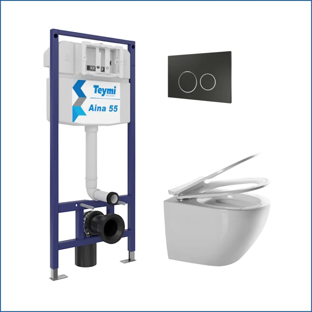 Фото 2 Комплект инсталляция с унитазом Teymi 5 в 1 F13683: унитаз подвесной безободковый Lina Media кнопка черная/хром Фото 2 Комплект инсталляция с унитазом Teymi 5 в 1 F13683: унитаз подвесной безободковый Lina Media кнопка черная/хром