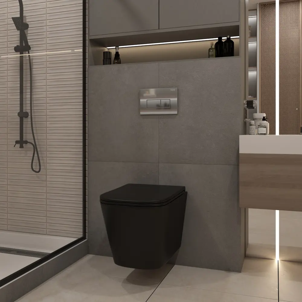 Фото 4 Комплект 5 в 1 инсталляция с унитазом Teymi F13730 унитаз подвесной безободковый черный Helmi Black кнопка хром Фото 4 Комплект 5 в 1 инсталляция с унитазом Teymi F13730 унитаз подвесной безободковый черный Helmi Black кнопка хром