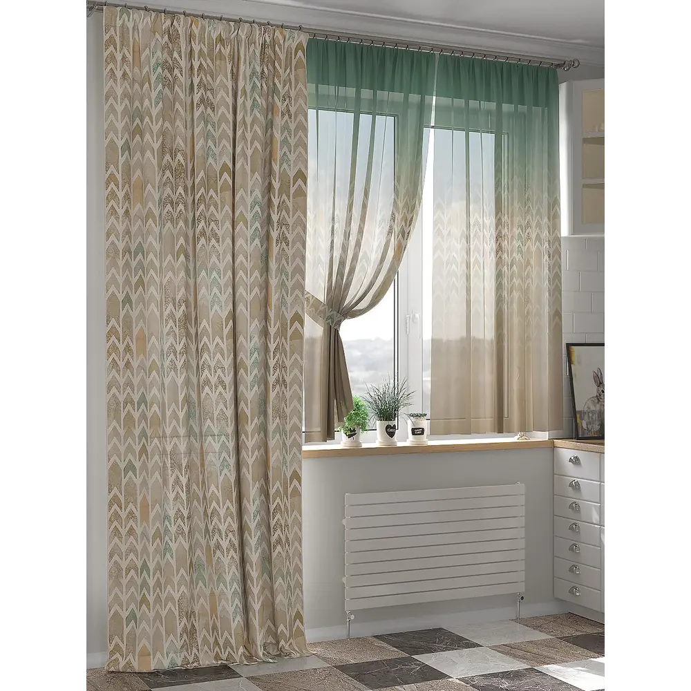 Фото 4 Комплект штор на шторной ленте AT Home Грунвирс 150x250 см цвет бежевый; изумрудный; зеленый Фото 4 Комплект штор на шторной ленте AT Home Грунвирс 150x250 см цвет бежевый; изумрудный; зеленый