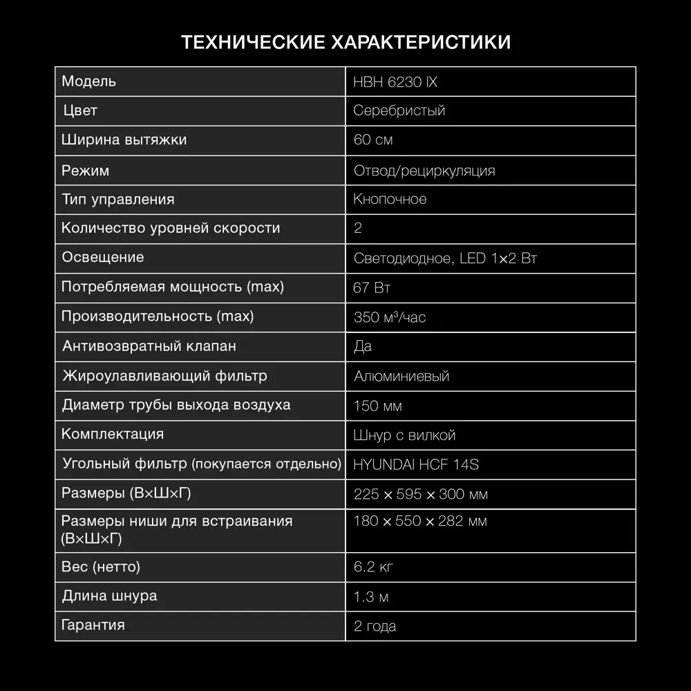 Фото 6 Встраиваемая вытяжка Hyundai HBH 6230 IX 59.5 см цвет серый/серебристый Фото 6 Встраиваемая вытяжка Hyundai HBH 6230 IX 59.5 см цвет серый/серебристый