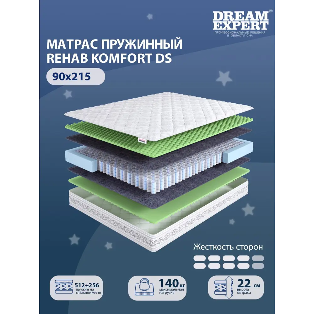 Фото Матрас Dreamexpert Rehab Komfort DS DEXDE7643980 90x215x22 см независимый пружинный блок 1-спальный Фото Матрас Dreamexpert Rehab Komfort DS DEXDE7643980 90x215x22 см независимый пружинный блок 1-спальный