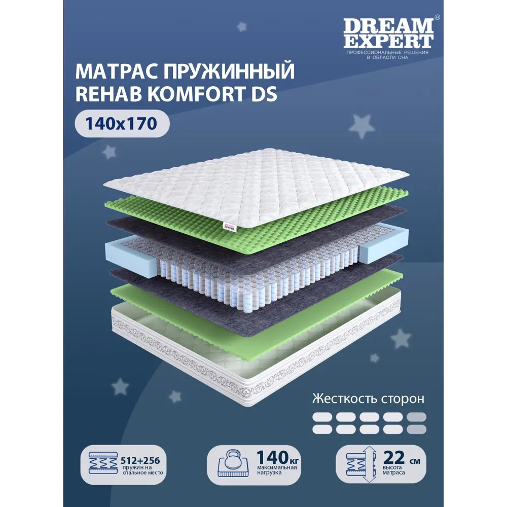 Фото 2 Матрас Dreamexpert Rehab Komfort DS DEXDE7644009 140x170x22 см независимый пружинный блок 1.5-спальный Фото 2 Матрас Dreamexpert Rehab Komfort DS DEXDE7644009 140x170x22 см независимый пружинный блок 1.5-спальный