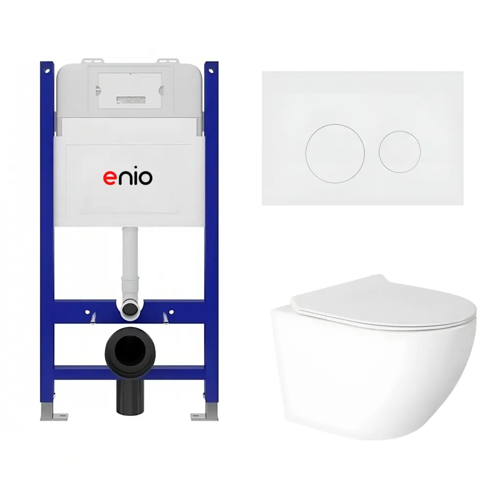 Фото Комплект 3 в 1 инсталляция Enio Tecnico 50 унитаз подвесной Enio Indigo EN2870533 с кнопкой белой Rotondo Фото Комплект 3 в 1 инсталляция Enio Tecnico 50 унитаз подвесной Enio Indigo EN2870533 с кнопкой белой Rotondo