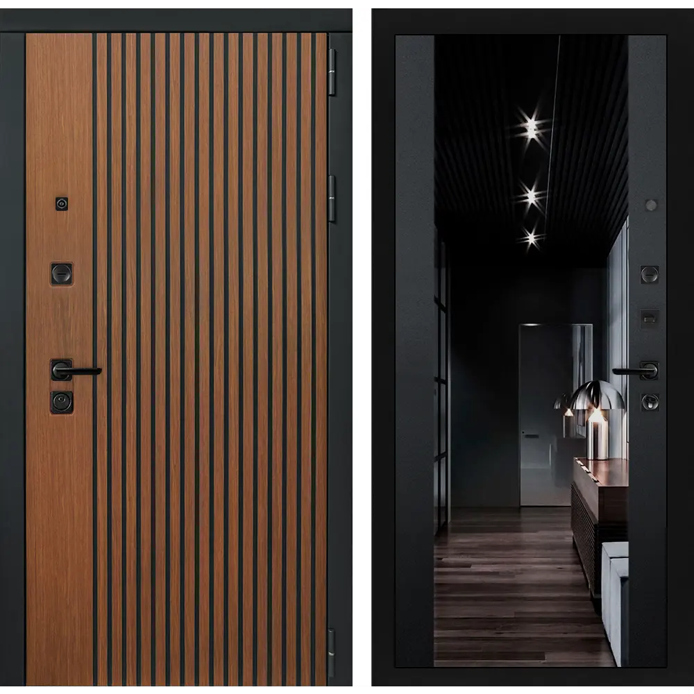 Фото Входная дверь Labirintdoors Шторм 205x96см правый цвет черный кварц/дуб кантри темный с зеркалом Фото Входная дверь Labirintdoors Шторм 205x96см правый цвет черный кварц/дуб кантри темный с зеркалом