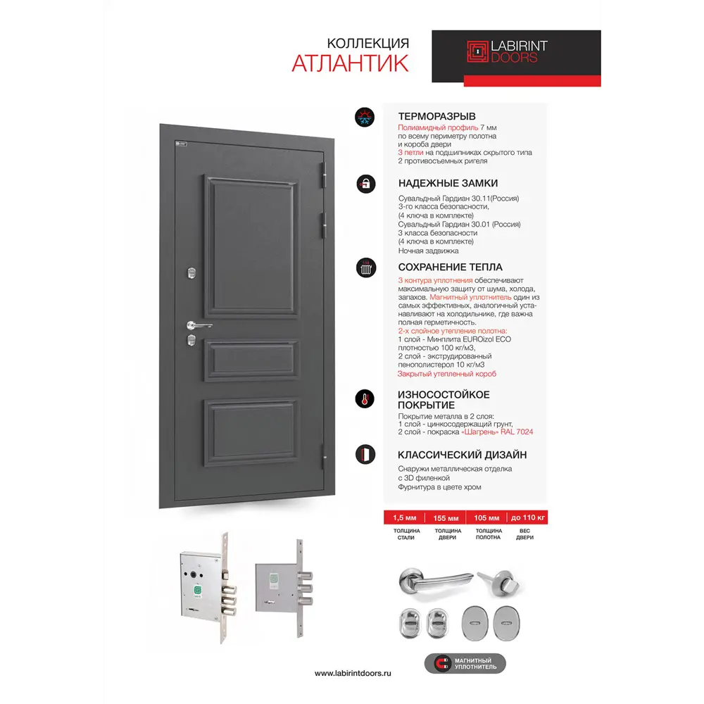 Фото 4 Входная дверь Labirintdoors Атлантик П-26 левый 205x88см сигнальный белый/шагрень