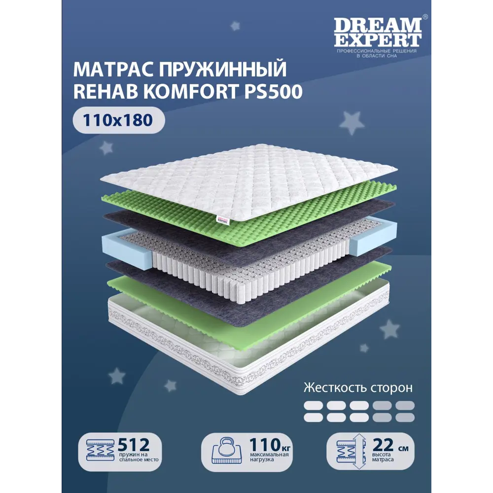 Фото Матрас Dreamexpert Rehab Komfort PS500 DEXDE7642598 110x180x22 см независимый пружинный блок 1.5-спальный Фото Матрас Dreamexpert Rehab Komfort PS500 DEXDE7642598 110x180x22 см независимый пружинный блок 1.5-спальный