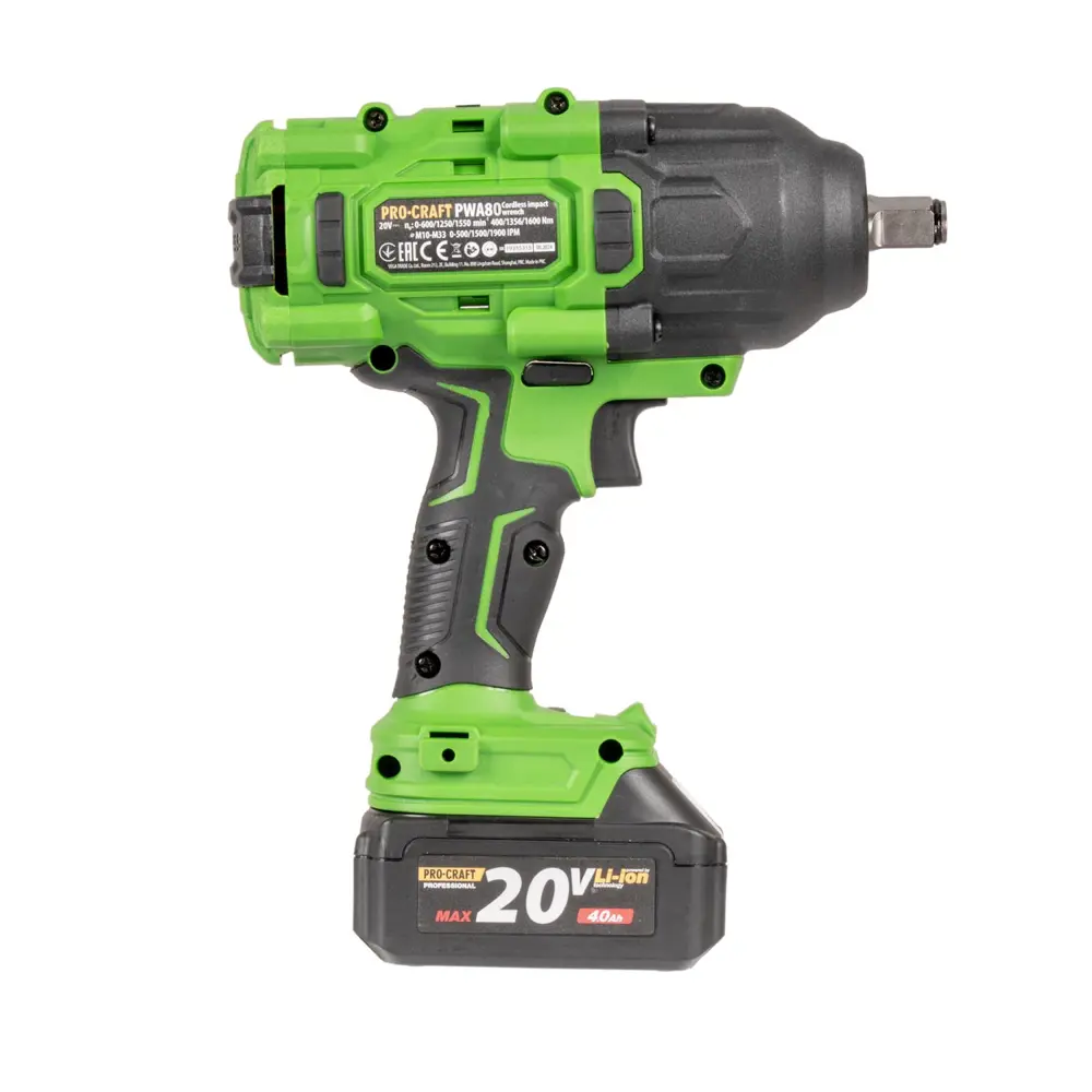 Фото 3 Гайковерт аккумуляторный бесщеточный Procraft PWA80, 20 В Li-Ion 1x4 Ач, 1600 Нм Фото 3 Гайковерт аккумуляторный бесщеточный Procraft PWA80, 20 В Li-Ion 1x4 Ач, 1600 Нм