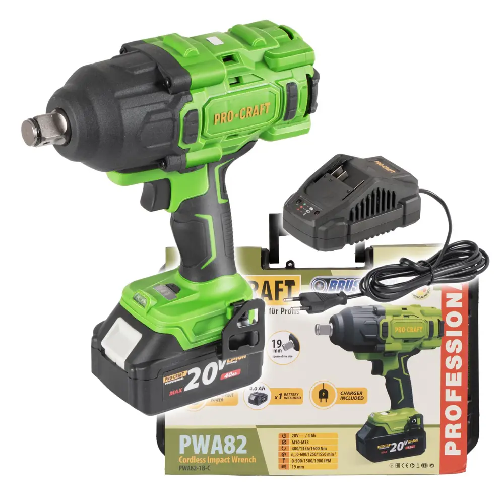 Фото 7 Гайковерт аккумуляторный бесщеточный Procraft PWA82, 20 В Li-Ion 1x4 Ач, 1600 Нм Фото 7 Гайковерт аккумуляторный бесщеточный Procraft PWA82, 20 В Li-Ion 1x4 Ач, 1600 Нм