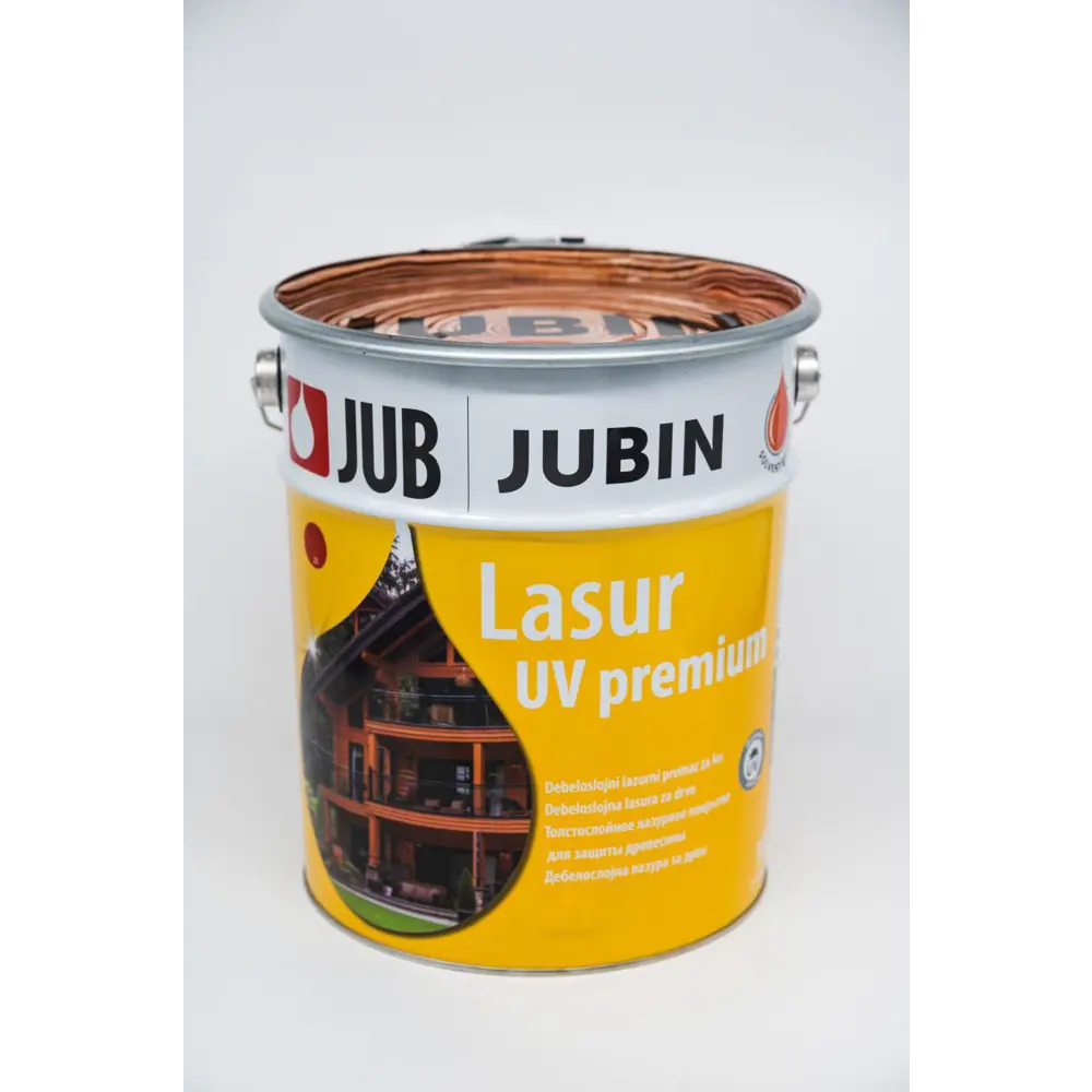 Фото Защитно-декоративный антисептик древесины Jubin Lasur UV Premium полуматовый цвет №93 темный дуб 2.5 л