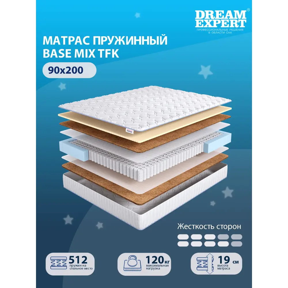 Фото Матрас Dreamexpert Base Mix TFK DEXDE7616525 90x200x19 см независимый пружинный блок 1-спальный Фото Матрас Dreamexpert Base Mix TFK DEXDE7616525 90x200x19 см независимый пружинный блок 1-спальный