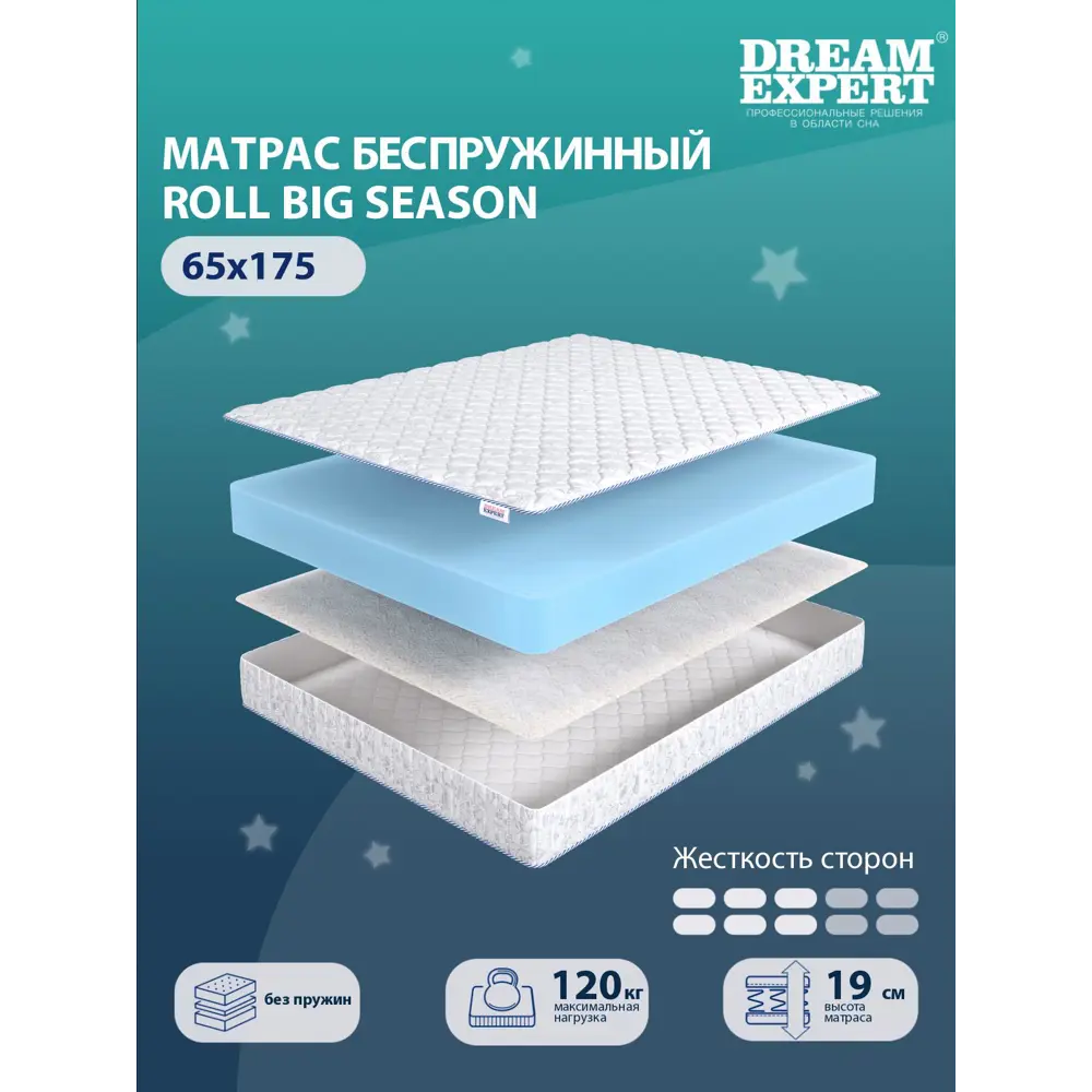 Фото 2 Матрас Dreamexpert Roll Big Season DEXDE7637290 65x175x19 см беспружинный 1-спальный Фото 2 Матрас Dreamexpert Roll Big Season DEXDE7637290 65x175x19 см беспружинный 1-спальный