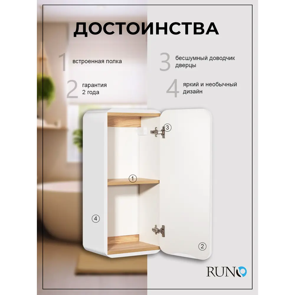 Фото 2 Шкаф в ванную навесной Runo Ницца 35 правый цвет белый Фото 2 Шкаф в ванную навесной Runo Ницца 35 правый цвет белый