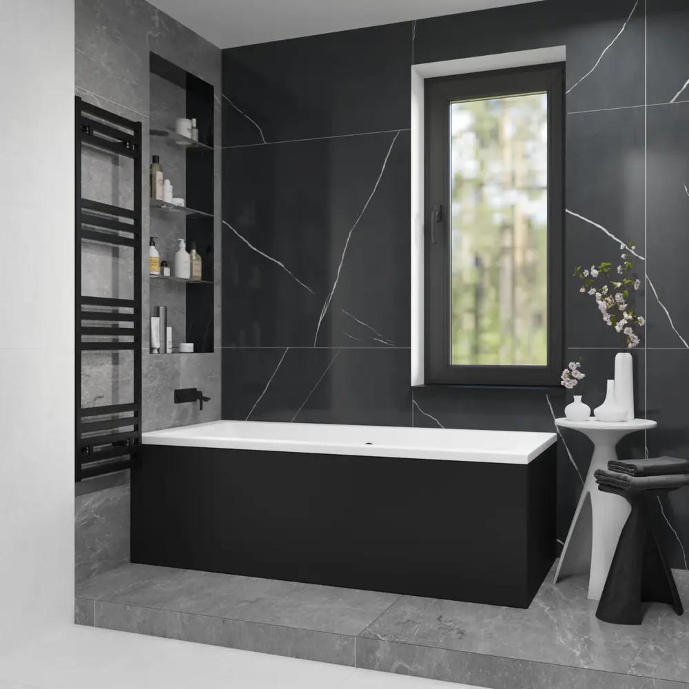 Фото 12 Ванна акриловая Helmken Alvaro 52E7X77705 165x75 комплект 4 в 1: прямоугольная ванна, каркас, черный подголовник, лицевой экран цвет черный