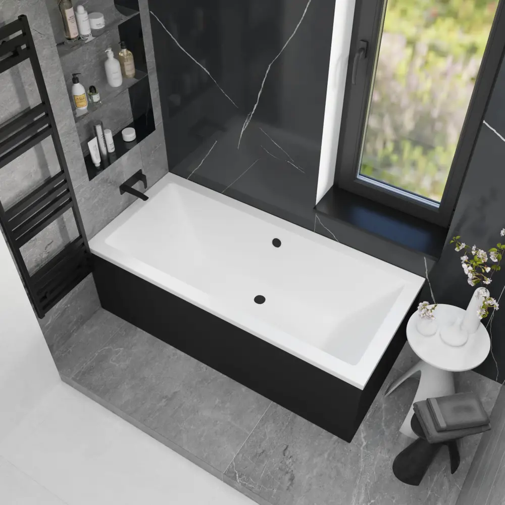 Фото 15 Ванна акриловая Helmken Alvaro R027P77402 175x80 комплект 5 в 1: прямоугольная ванна, ножки, черный подголовник, лицевой и торцевой экраны цвет черный