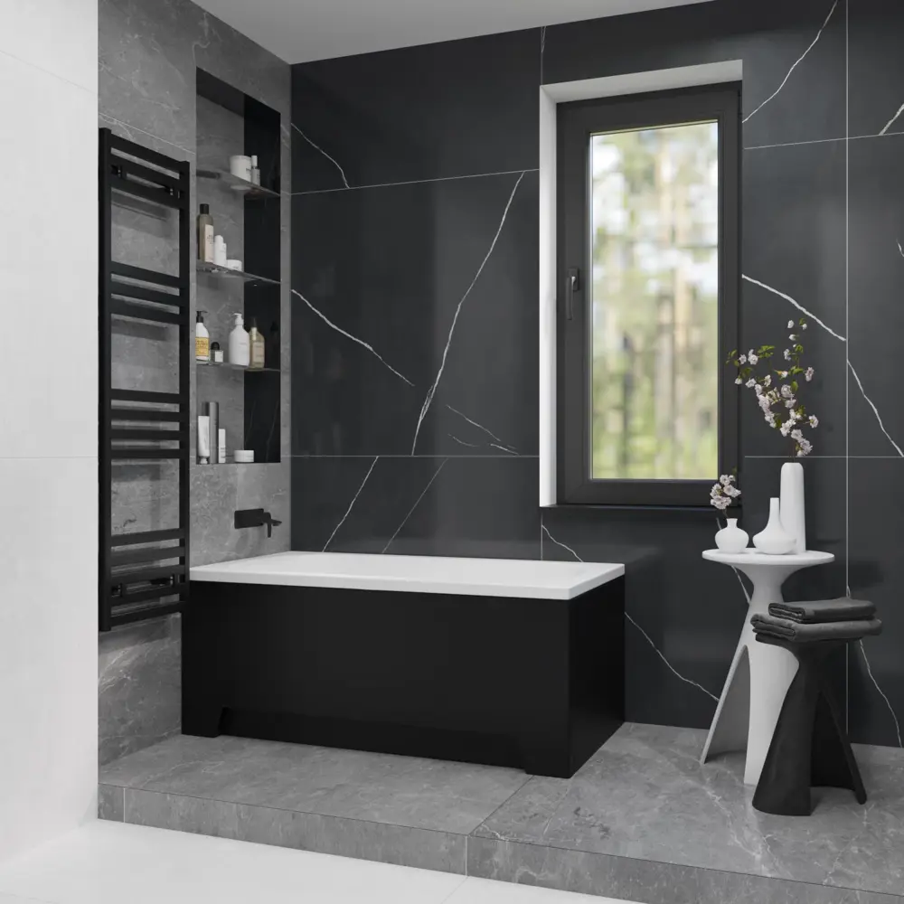 Фото 12 Ванна акриловая Helmken Edelva B3554986S7 130x70 комплект 5 в 1: прямоугольная ванна, ножки, черный подголовник, лицевой и торцевой экраны цвет черный