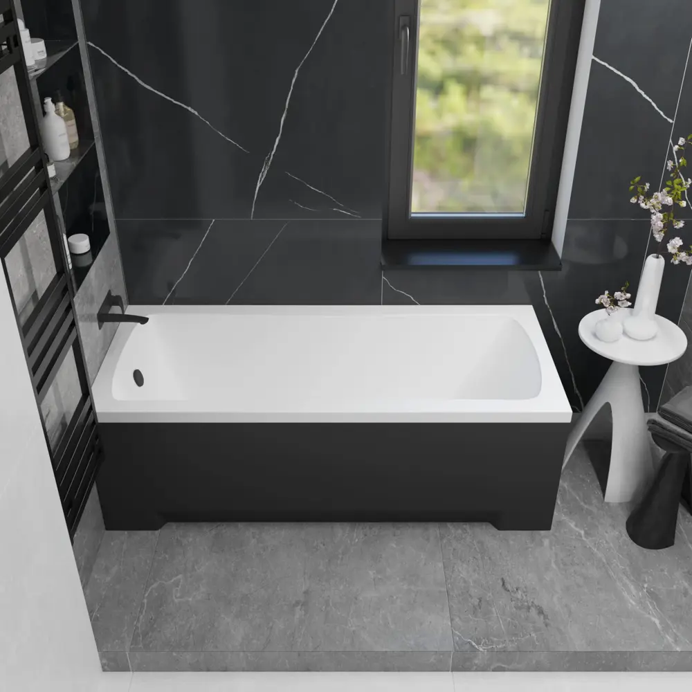 Фото 13 Ванна акриловая Helmken Luna F3X7123368 140x70 комплект 3 в 1: прямоугольная ванна, каркас, подголовник цвет черный