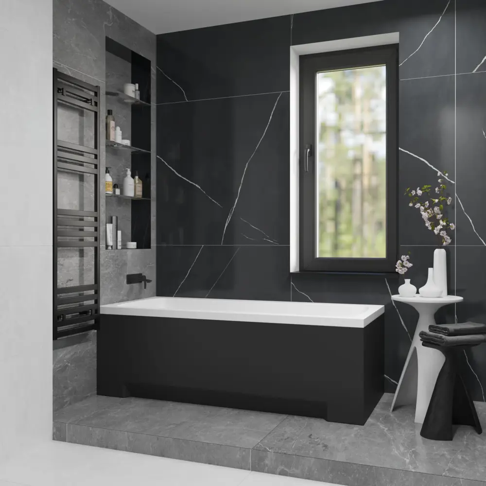 Фото 12 Ванна акриловая Helmken Luna N5212506D4 150x70 комплект 5 в 1: прямоугольная ванна, ножки, черный подголовник, лицевой и торцевой экраны цвет черный