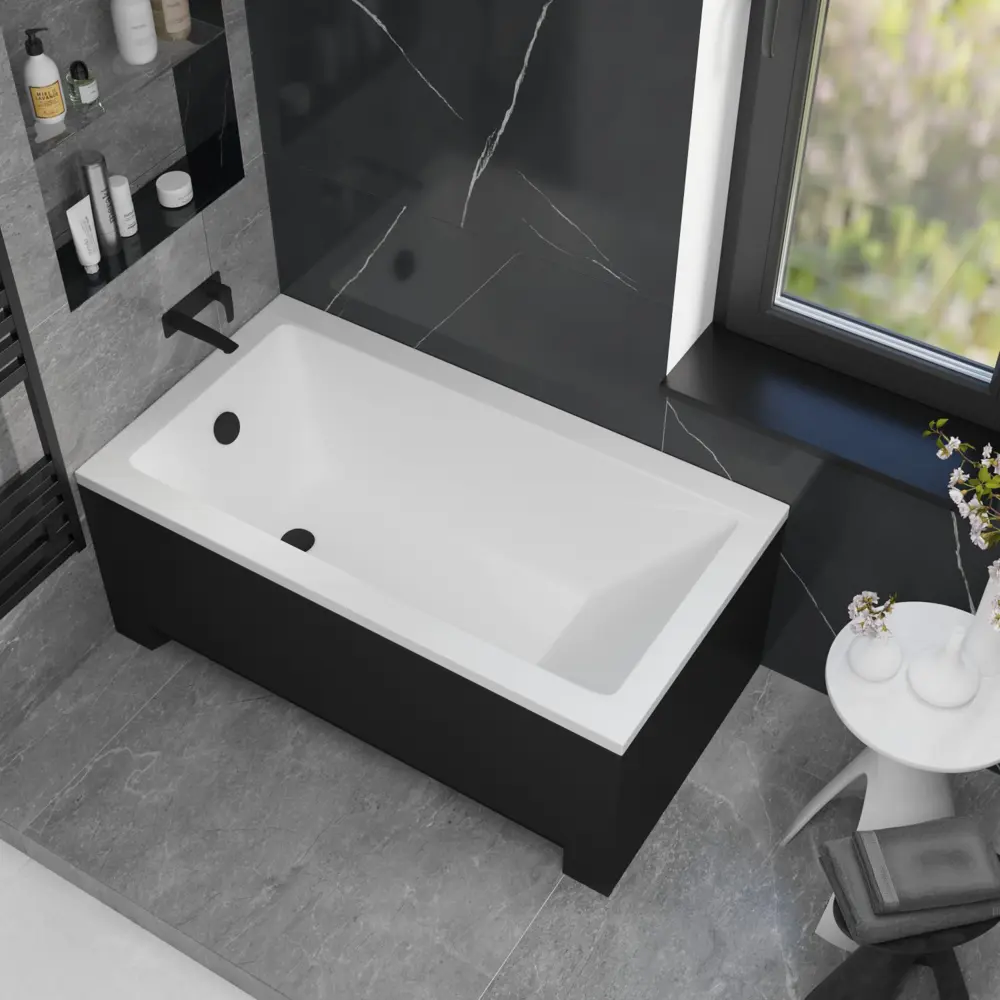 Фото 15 Ванна акриловая Helmken Rivana 65280E35A9 120x70 комплект 4 в 1: прямоугольная ванна, каркас, черный подголовник, лицевой экран цвет черный