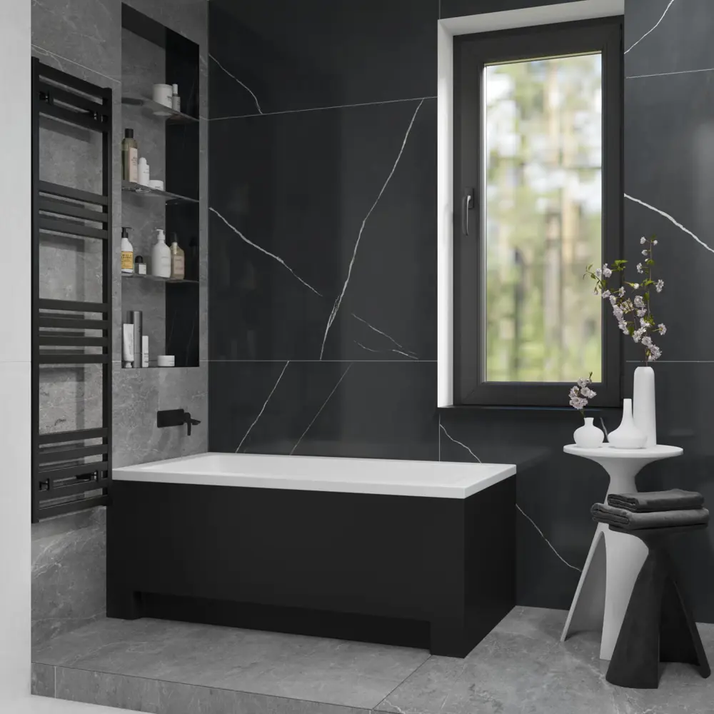 Фото 13 Ванна акриловая Helmken Rivana 65280E35A9 120x70 комплект 4 в 1: прямоугольная ванна, каркас, черный подголовник, лицевой экран цвет черный