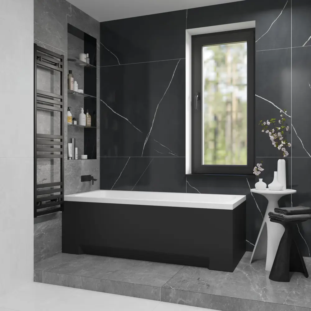 Фото 12 Ванна акриловая Helmken Luna 861569FN86 170x70 комплект 4 в 1: прямоугольная ванна, ножки, черный подголовник и лицевой экран цвет черный