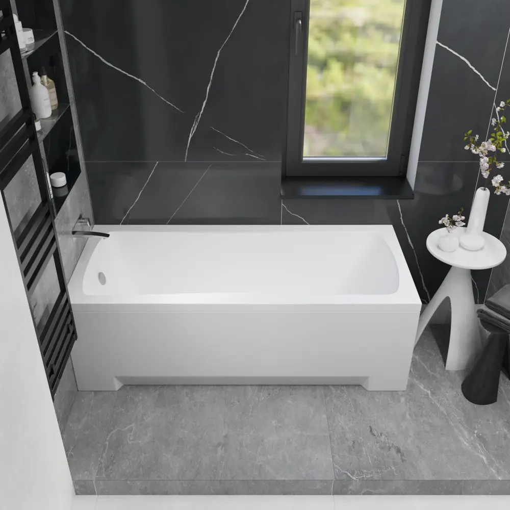 Фото 21 Ванна акриловая Helmken Luna T310768F11 170x70 комплект 3 в 1: прямоугольная ванна, каркас, подголовник цвет черный