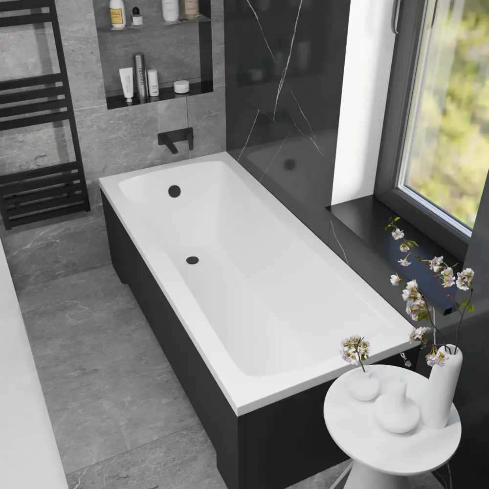 Фото 15 Ванна акриловая Helmken Luna R324528S09 170x70 комплект 4 в 1: прямоугольная ванна, каркас, черный подголовник, лицевой экран цвет черный