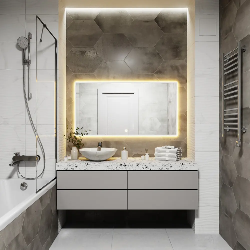 Фото 2 Зеркало с подсветкой в ванную One Mirror сенсорное в алюминиевой раме 120x60 см цвет белый Фото 2 Зеркало с подсветкой в ванную One Mirror сенсорное в алюминиевой раме 120x60 см цвет белый