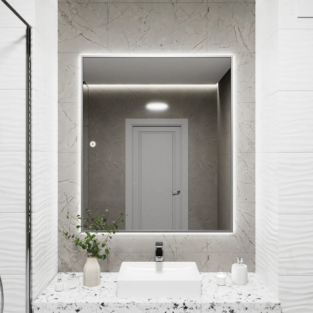 Фото 6 Зеркало с подсветкой в ванную One Mirror сенсорное в алюминиевой раме 110x90 см цвет серебро Фото 6 Зеркало с подсветкой в ванную One Mirror сенсорное в алюминиевой раме 110x90 см цвет серебро