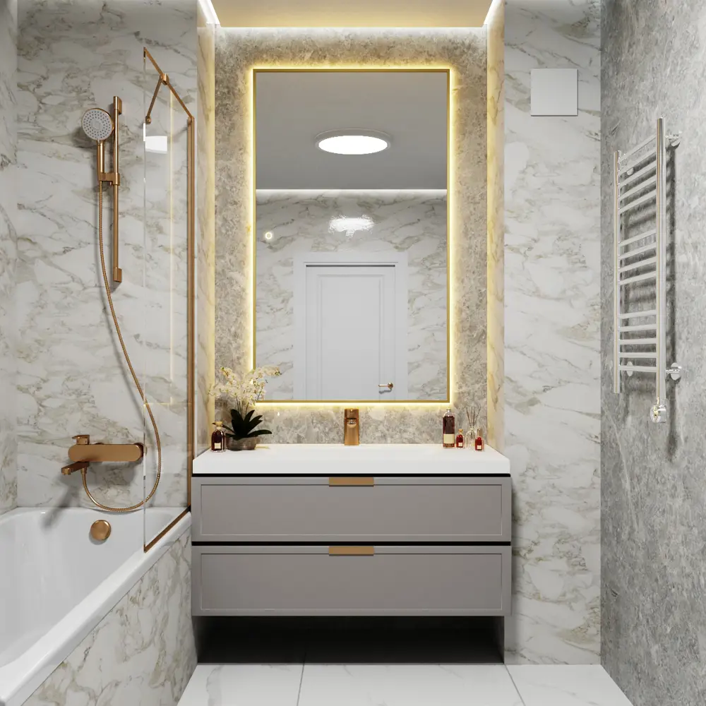 Фото 7 Зеркало с подсветкой настенное One Mirror сенсорное в алюминиевой раме 150x90 см цвет золото Фото 7 Зеркало с подсветкой настенное One Mirror сенсорное в алюминиевой раме 150x90 см цвет золото