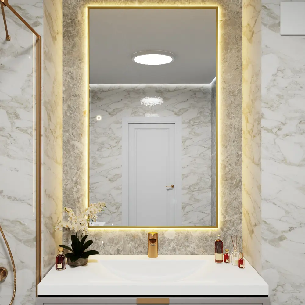 Фото 3 Зеркало с подсветкой настенное One Mirror сенсорное в алюминиевой раме 150x90 см цвет золото Фото 3 Зеркало с подсветкой настенное One Mirror сенсорное в алюминиевой раме 150x90 см цвет золото