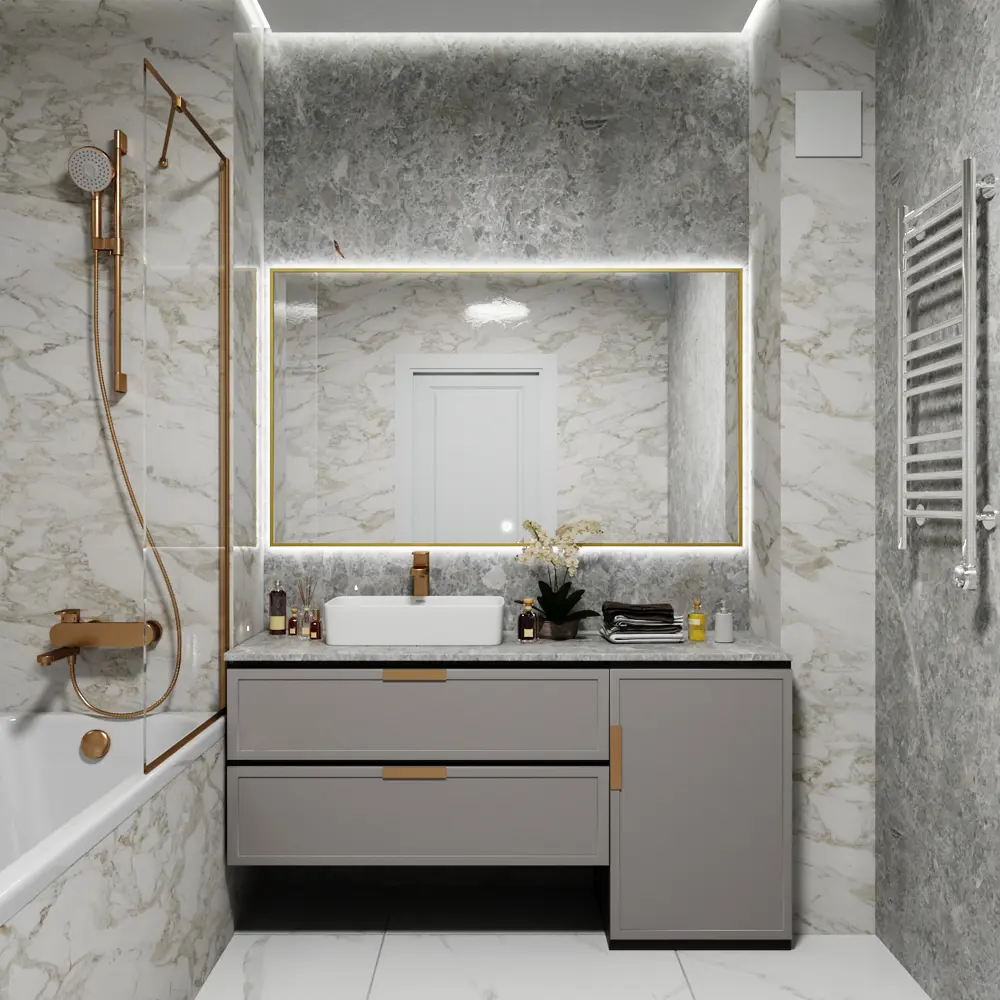 Фото 4 Зеркало с подсветкой настенное One Mirror сенсорное в алюминиевой раме 150x90 см цвет золото Фото 4 Зеркало с подсветкой настенное One Mirror сенсорное в алюминиевой раме 150x90 см цвет золото