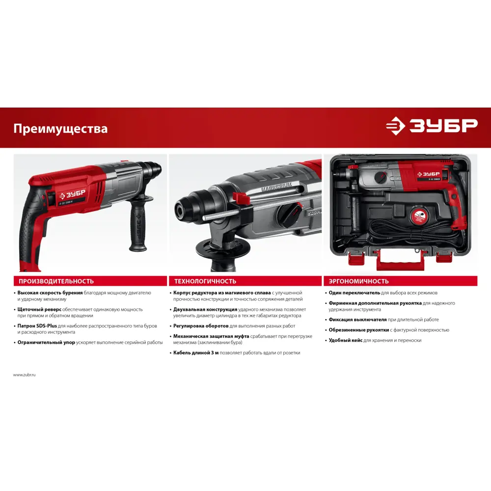 Фото 4 Перфоратор сетевой SDS Plus Зубр П-32-1200 М, 1200 Вт, 3.5 Дж Фото 4 Перфоратор сетевой SDS Plus Зубр П-32-1200 М, 1200 Вт, 3.5 Дж