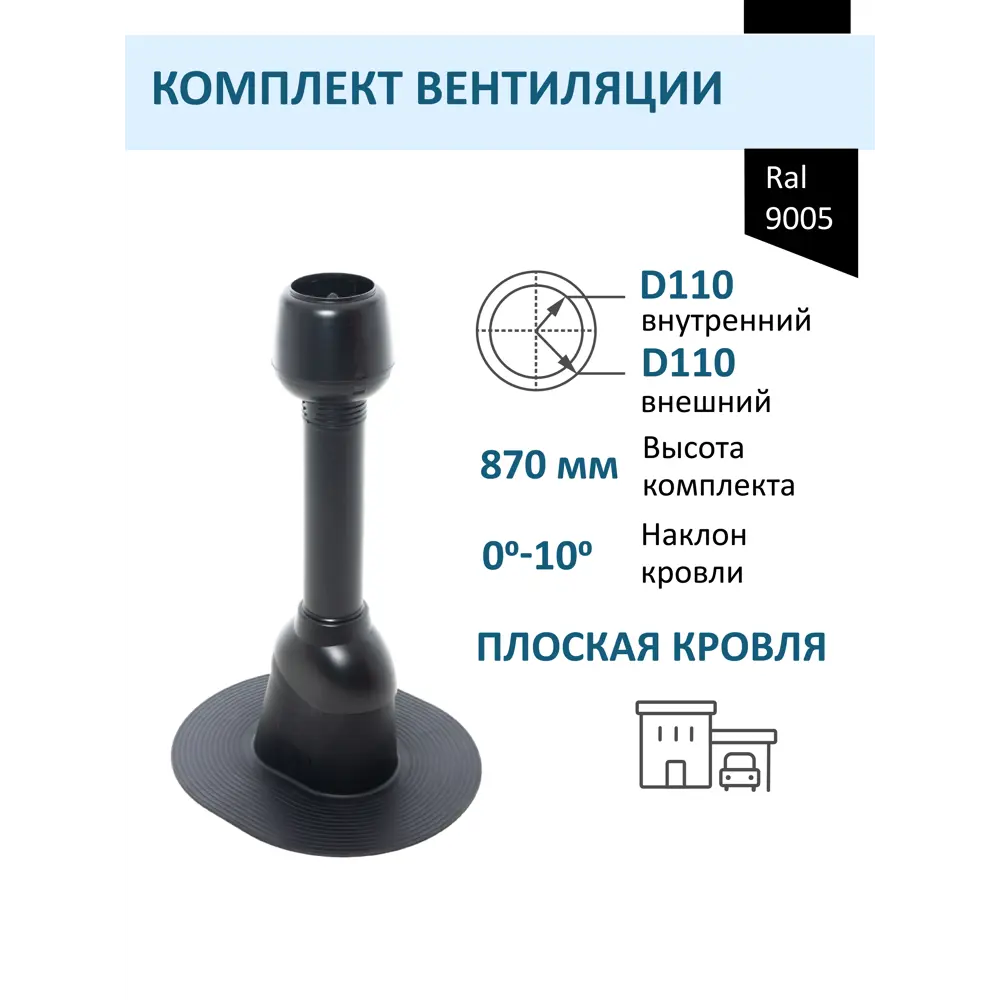 Фото 5 Комплект кровельной вентиляции Polivent черный (выход ⌀110мм/проходной элемент/турбодефлектор TD110/оцинкованный металл)