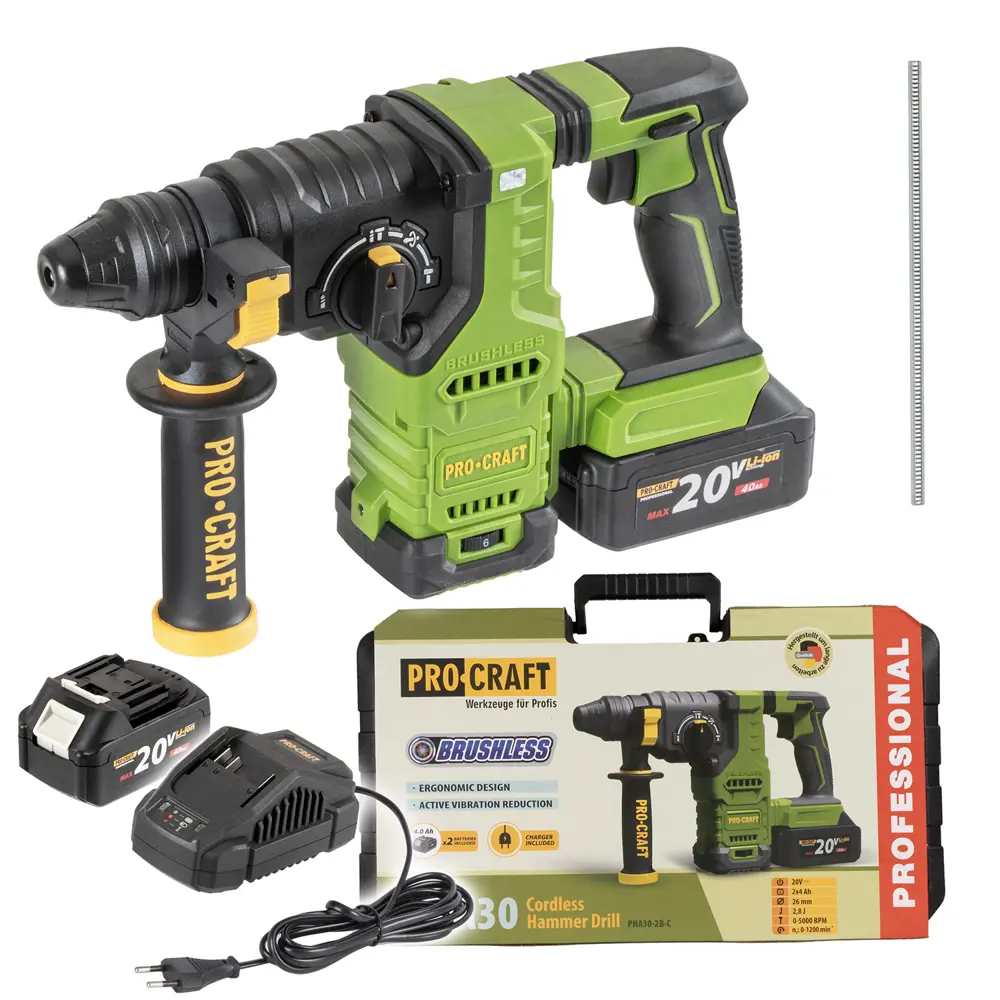 Фото 5 Перфоратор аккумуляторный бесщеточный SDS Plus Procraft PHA30, 20 В Li-Ion 2x4 Ач, 2.8 Дж Фото 5 Перфоратор аккумуляторный бесщеточный SDS Plus Procraft PHA30, 20 В Li-Ion 2x4 Ач, 2.8 Дж