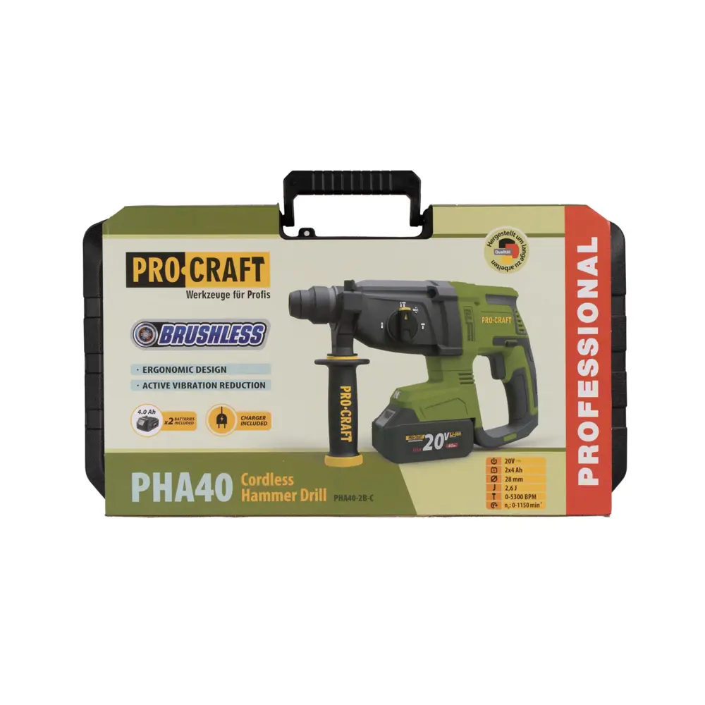 Фото 14 Перфоратор аккумуляторный бесщеточный SDS Plus Procraft PHA40, 20 В Li-Ion 2x4 Ач, 2.6 Дж Фото 14 Перфоратор аккумуляторный бесщеточный SDS Plus Procraft PHA40, 20 В Li-Ion 2x4 Ач, 2.6 Дж