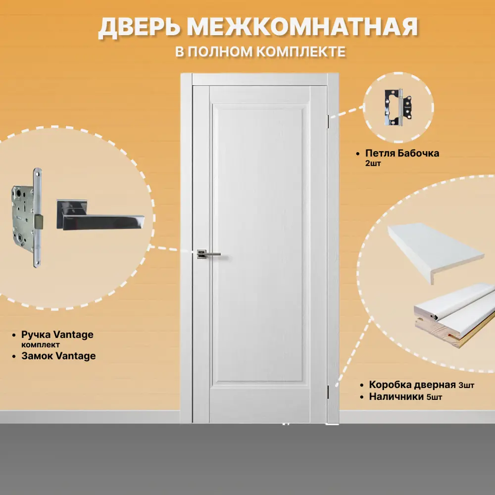Фото 2 Комплект межкомнатной двери Двери регионов Нова 1 Проходная глухая 200x90см ПВХ цвет ясень белый с коробом и наличниками фурнитура хром Vantage 87 CP Фото 2 Комплект межкомнатной двери Двери регионов Нова 1 Проходная глухая 200x90см ПВХ цвет ясень белый с коробом и наличниками фурнитура хром Vantage 87 CP