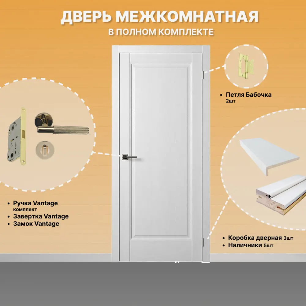 Фото 2 Комплект межкомнатной двери Двери регионов Нова 1 Сантехническая глухая 200x90см ПВХ цвет ясень белый с коробом и наличниками фурнитура золото Vantage 35 PB Фото 2 Комплект межкомнатной двери Двери регионов Нова 1 Сантехническая глухая 200x90см ПВХ цвет ясень белый с коробом и наличниками фурнитура золото Vantage 35 PB