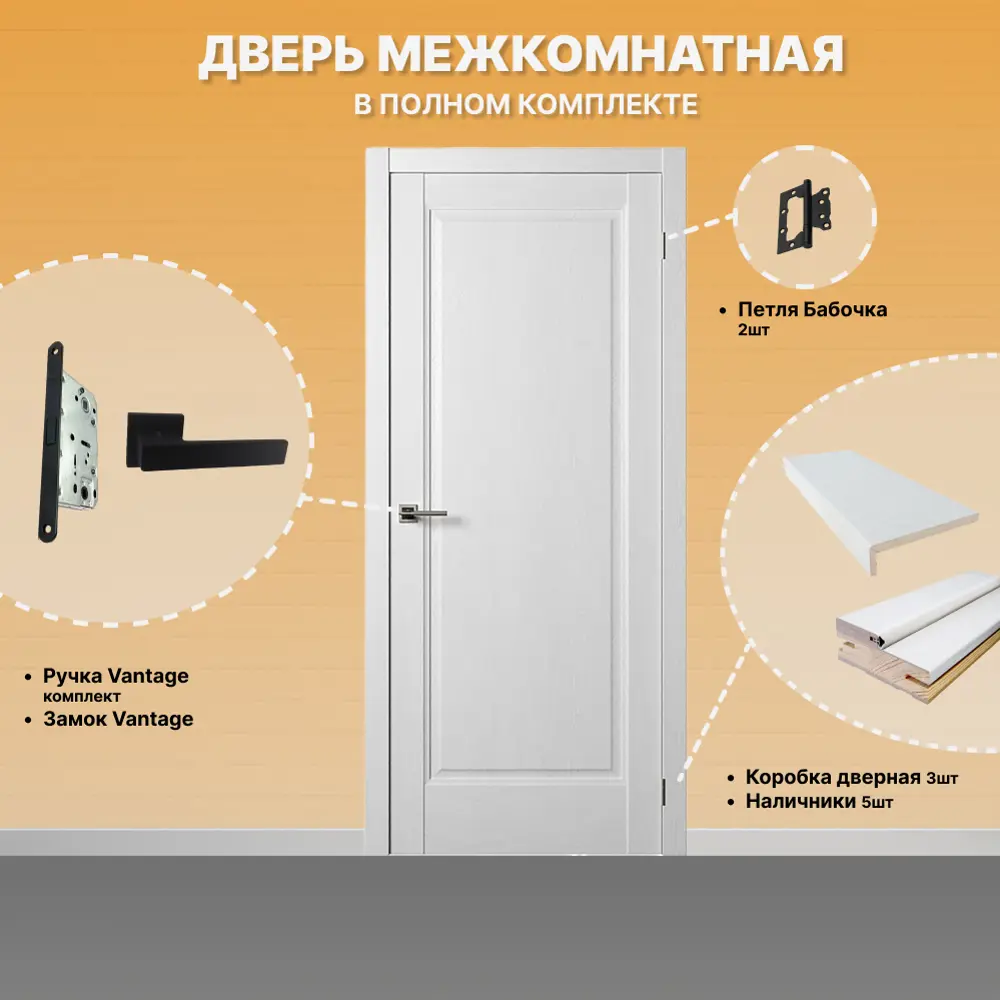 Фото 2 Комплект межкомнатной двери Двери регионов Нова 1 Проходная глухая 200x80см ПВХ цвет ясень белый с коробом и наличниками фурнитура чёрный Vantage 87 BL-2 Фото 2 Комплект межкомнатной двери Двери регионов Нова 1 Проходная глухая 200x80см ПВХ цвет ясень белый с коробом и наличниками фурнитура чёрный Vantage 87 BL-2