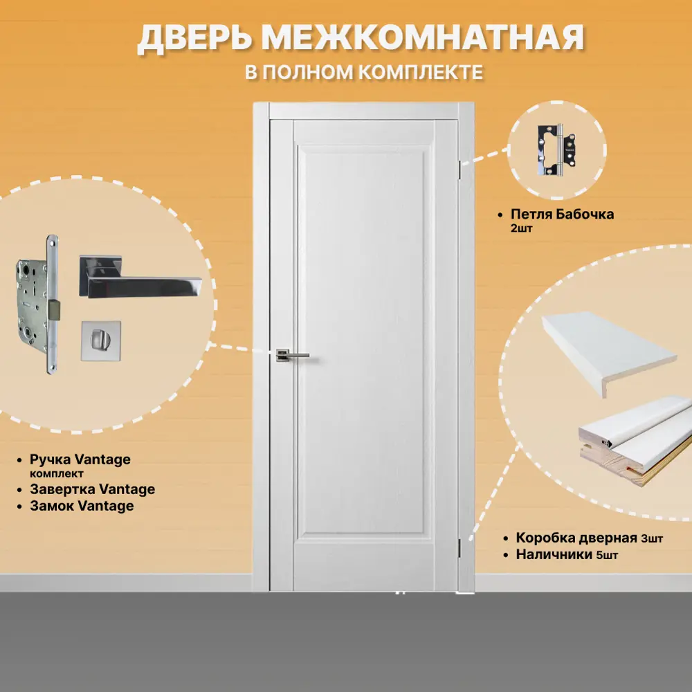 Фото 2 Комплект межкомнатной двери Двери регионов Нова 1 Сантехническая глухая 200x80см ПВХ цвет ясень белый с коробом и наличниками фурнитура хром Vantage 87 CP Фото 2 Комплект межкомнатной двери Двери регионов Нова 1 Сантехническая глухая 200x80см ПВХ цвет ясень белый с коробом и наличниками фурнитура хром Vantage 87 CP