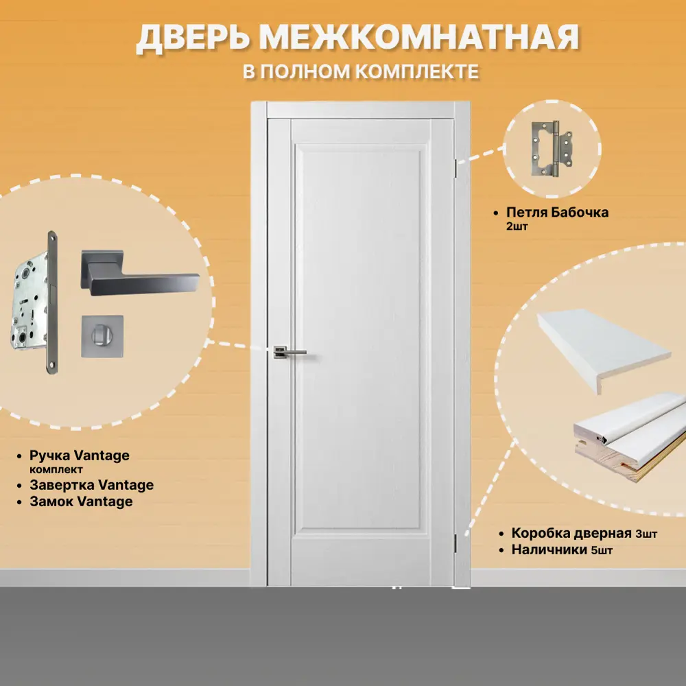 Фото 2 Комплект межкомнатной двери Двери регионов Нова 1 Сантехническая глухая 200x80см ПВХ цвет ясень белый с коробом и наличниками фурнитура матовый хром Vantage 87 L-2 Фото 2 Комплект межкомнатной двери Двери регионов Нова 1 Сантехническая глухая 200x80см ПВХ цвет ясень белый с коробом и наличниками фурнитура матовый хром Vantage 87 L-2