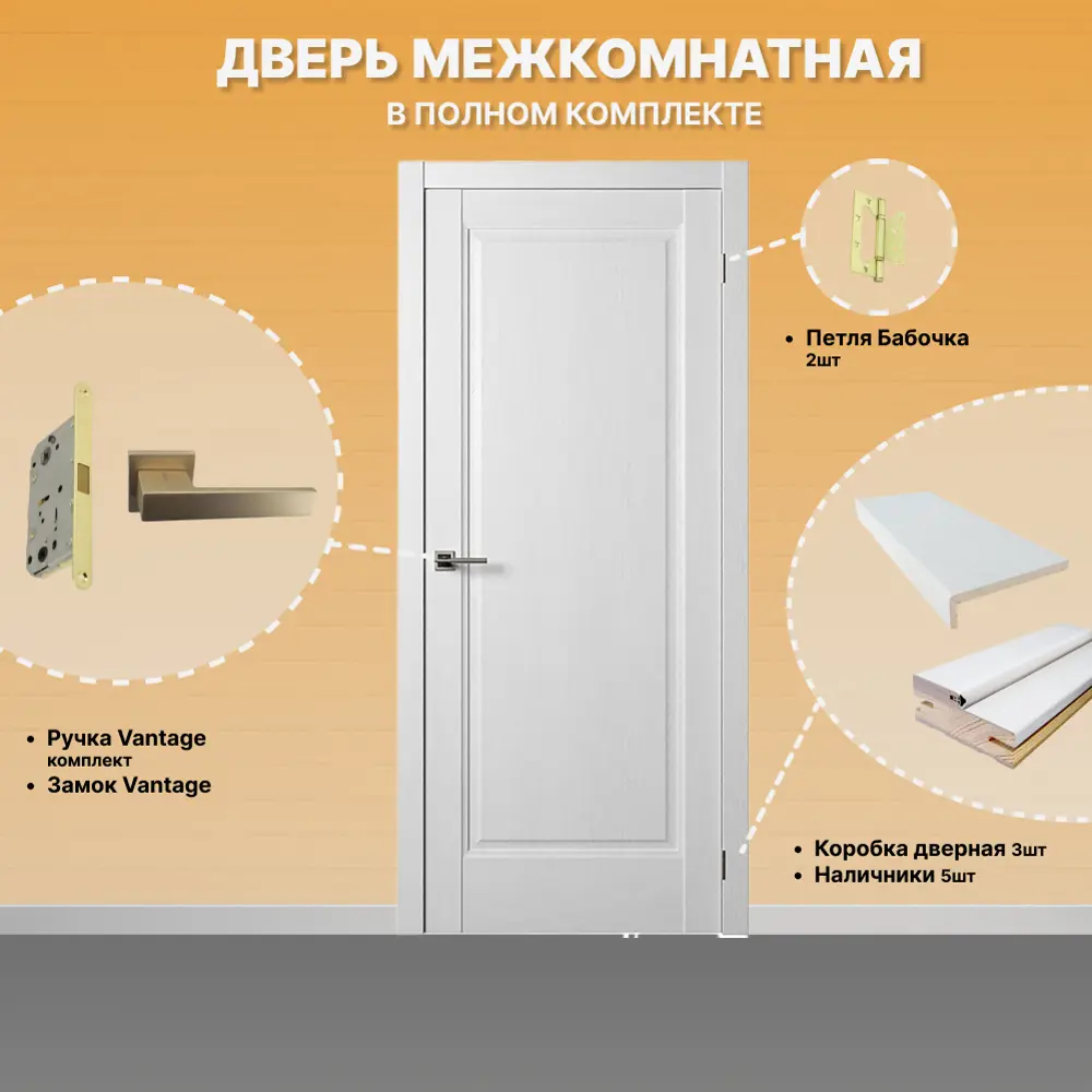 Фото 2 Комплект межкомнатной двери Двери регионов Нова 1 Проходная глухая 200x80см ПВХ цвет ясень белый с коробом и наличниками фурнитура Vantage 87 SG Фото 2 Комплект межкомнатной двери Двери регионов Нова 1 Проходная глухая 200x80см ПВХ цвет ясень белый с коробом и наличниками фурнитура Vantage 87 SG