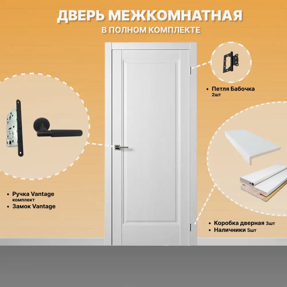 Фото Комплект межкомнатной двери Двери регионов Нова 1 Проходная глухая 200x70см ПВХ цвет ясень белый с коробом и наличниками фурнитура чёрный Vantage 35 BL-2 Фото Комплект межкомнатной двери Двери регионов Нова 1 Проходная глухая 200x70см ПВХ цвет ясень белый с коробом и наличниками фурнитура чёрный Vantage 35 BL-2