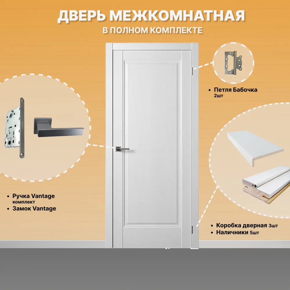 Фото 2 Комплект межкомнатной двери Двери регионов Нова 1 Проходная глухая 200x70см ПВХ цвет ясень белый с коробом и наличниками фурнитура матовый хром Vantage 87 L-2 Фото 2 Комплект межкомнатной двери Двери регионов Нова 1 Проходная глухая 200x70см ПВХ цвет ясень белый с коробом и наличниками фурнитура матовый хром Vantage 87 L-2