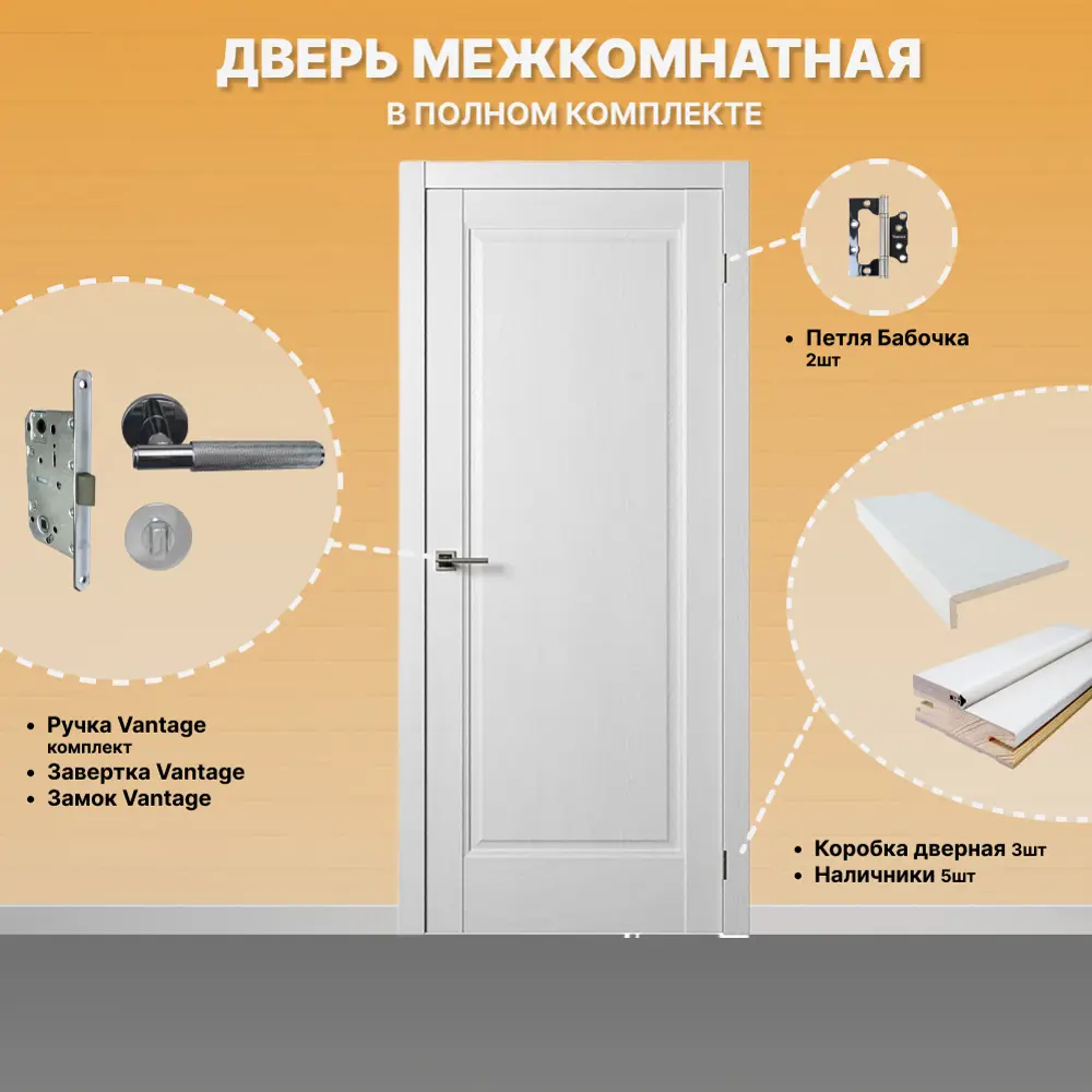 Фото 2 Комплект межкомнатной двери Двери регионов Нова 1 Сантехническая глухая 200x60см ПВХ цвет ясень белый с коробом и наличниками фурнитура хром Vantage 35 CP Фото 2 Комплект межкомнатной двери Двери регионов Нова 1 Сантехническая глухая 200x60см ПВХ цвет ясень белый с коробом и наличниками фурнитура хром Vantage 35 CP